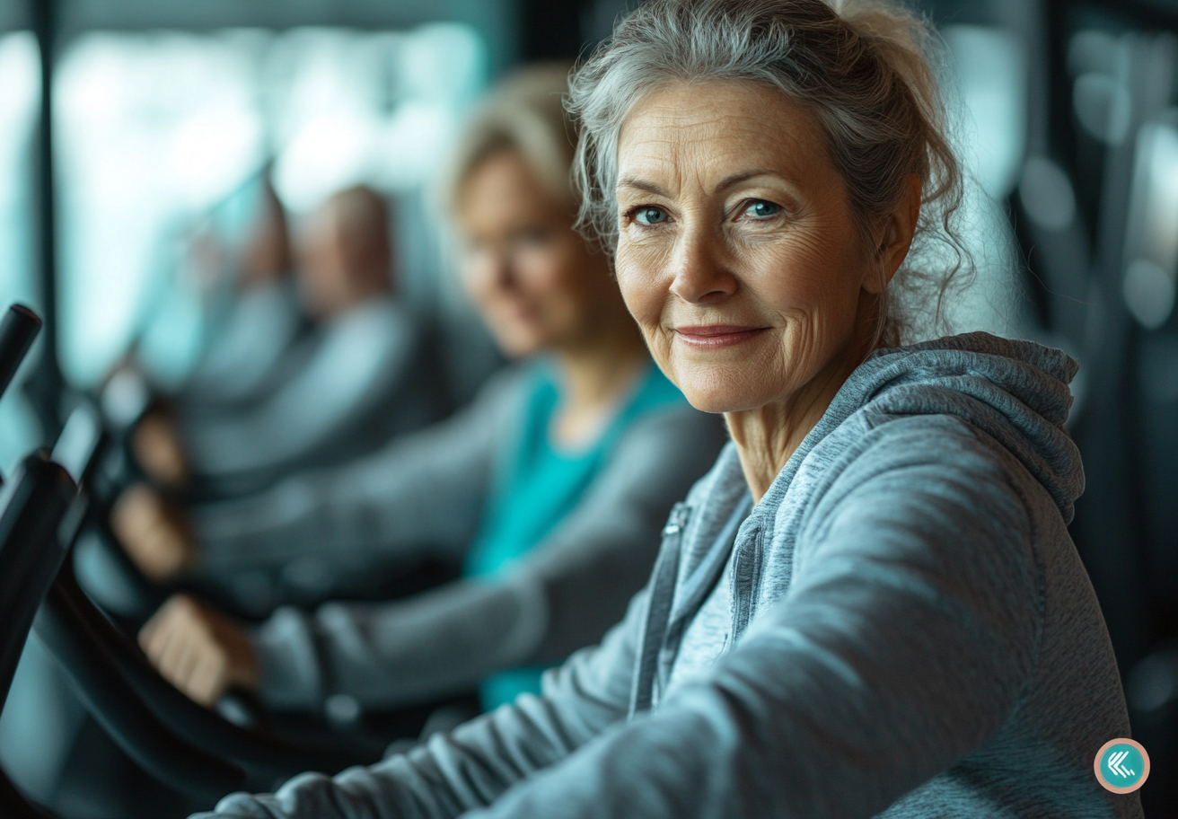 Літні люди займаються фітнесом у групі